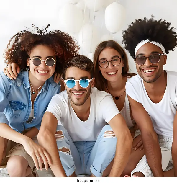 Group of Diverse Friends Smiling Together Wearing Sunglasses
