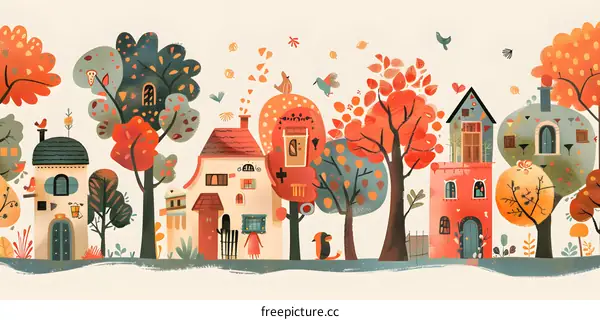 Autumn Village Illustration With Houses and Trees