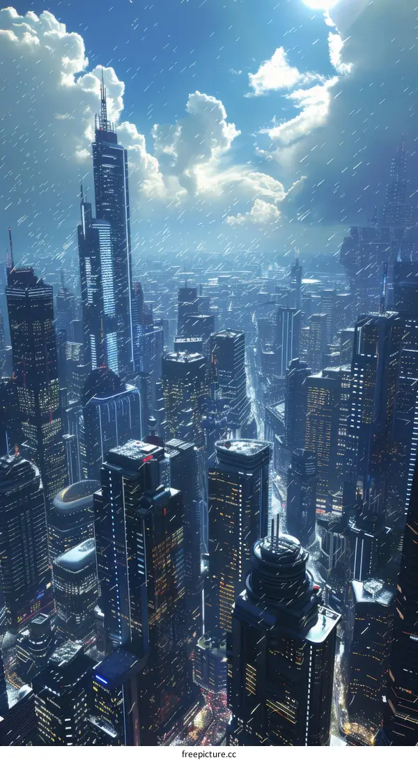 Futuristic Cityscape with Skyscrapers and Rain