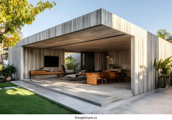 Modern Concrete House with Wooden Beams and Patio