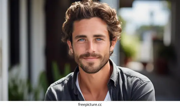 Portrait of a handsome young man with curly hair and blue eyes
