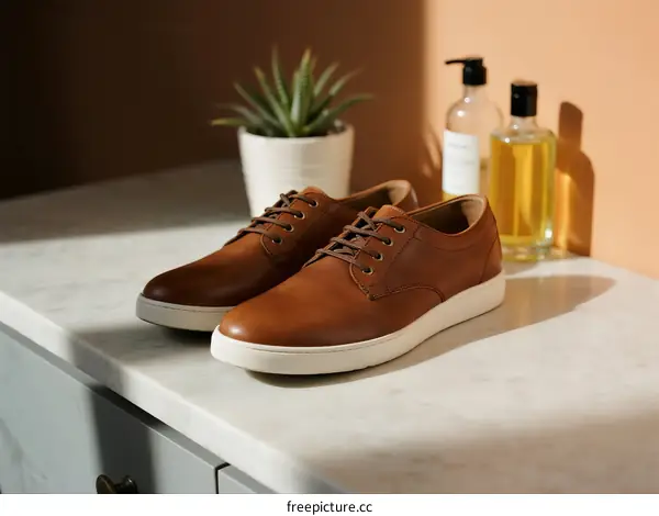Brown leather casual shoes with white soles placed on marble table