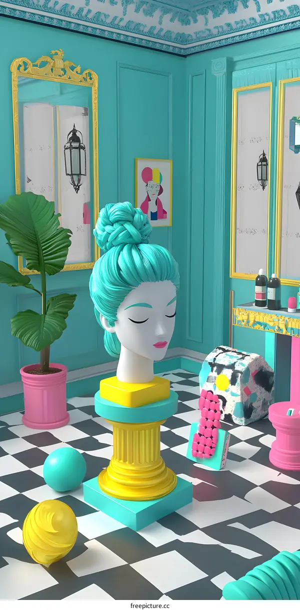 3D Illustration of a Room with a Female Bust, Checkerboard Floor and Colorful Decor