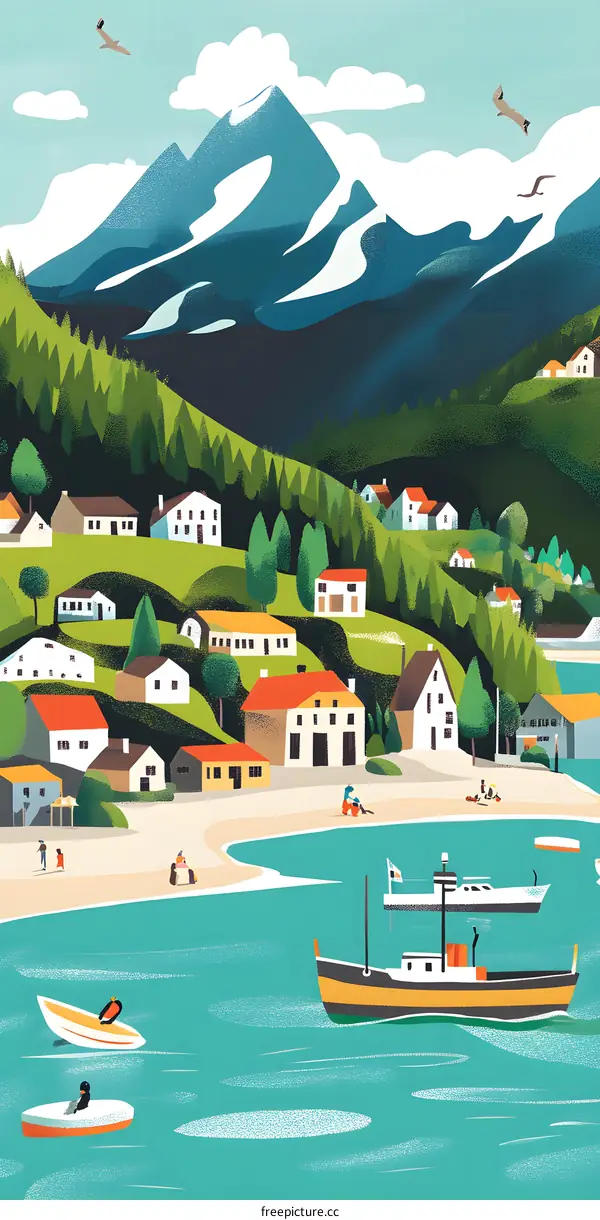 Coastal Village Illustration with Mountains and Boats