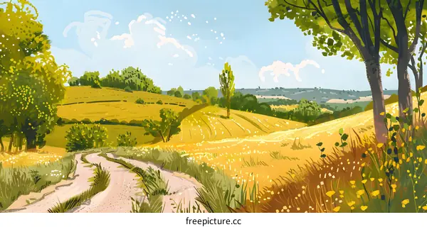 Countryside Landscape with Winding Road and Green Trees