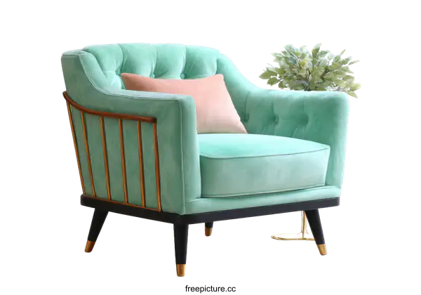 [Transparent Background PNG]Mint Green Velvet Armchair with Gold Accents