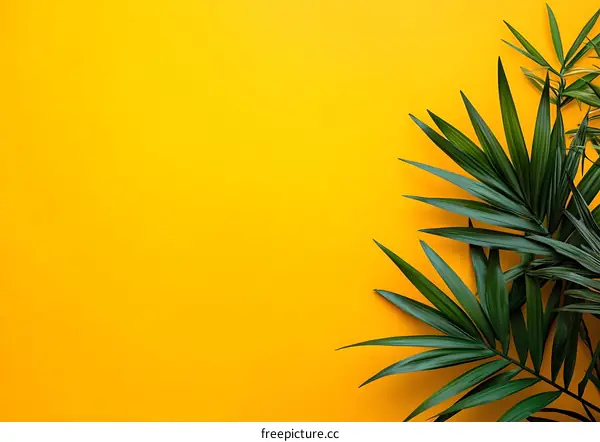 Green Palm Leaves On Yellow Background