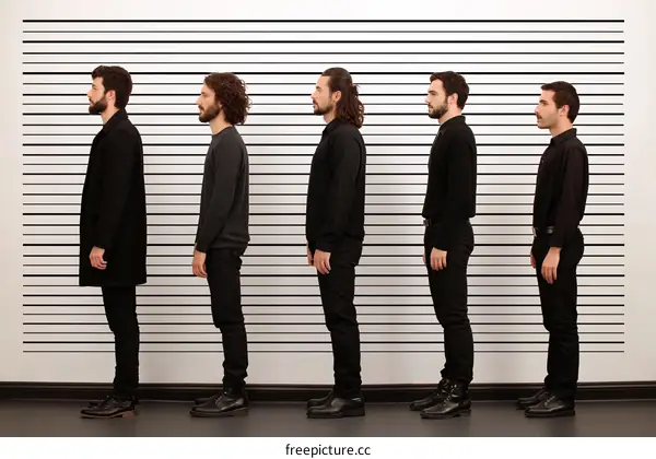 Five Men Standing in Line Against White Striped Background