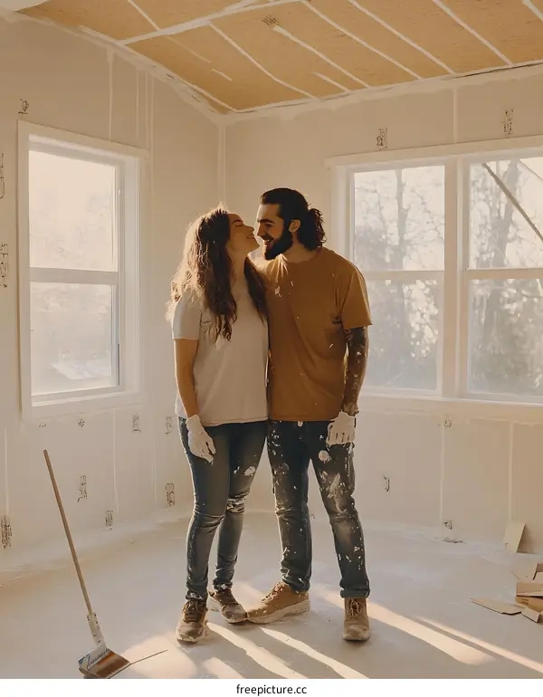 Couple Standing In Unfinished Room Holding Hands And Smiling At Each Other