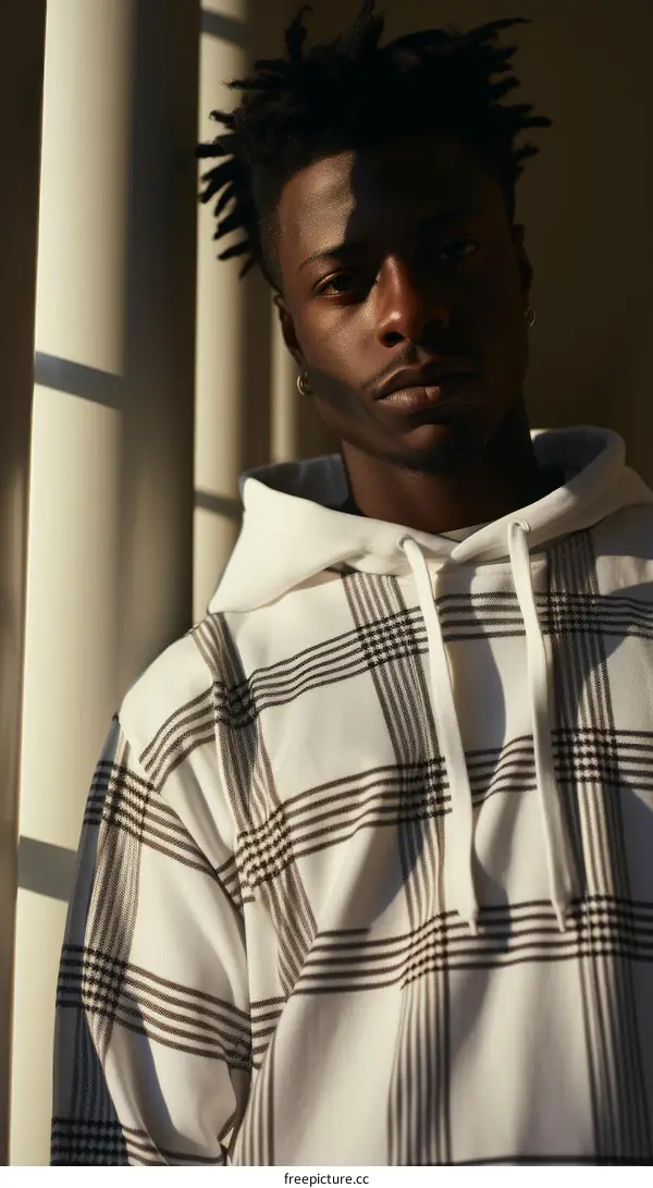 Black man in a white and black plaid hoodie looking at the camera