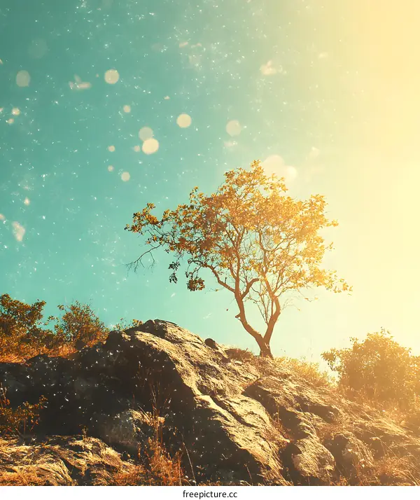 Lone Tree on a Mountain Peak with a Vintage Filter
