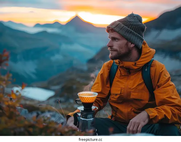 Man in orange jacket making coffee in the mountains