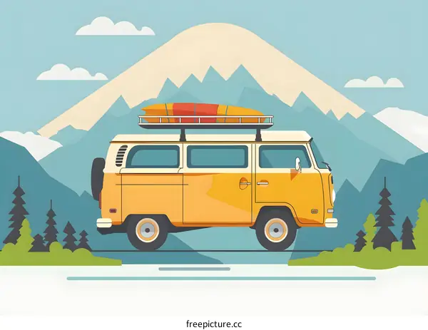 Yellow Van Illustration with Mountain Landscape