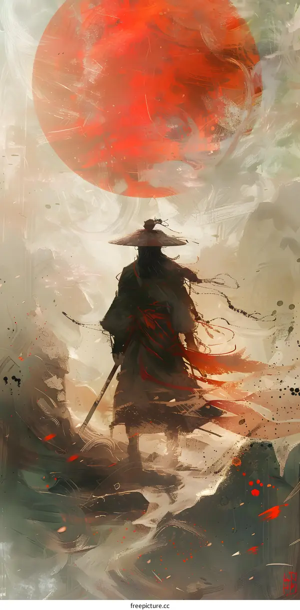 Samurai Walking Under the Big Red Sun