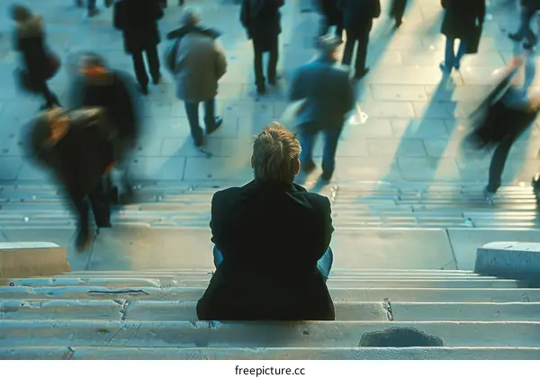 Man sitting on the steps while the crowd passes him by