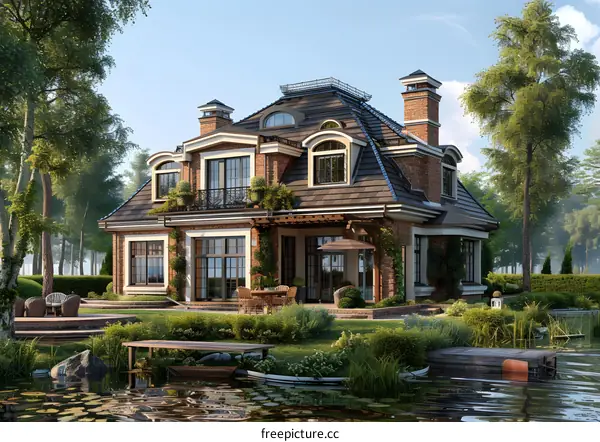European-style house with beautiful yard and lake