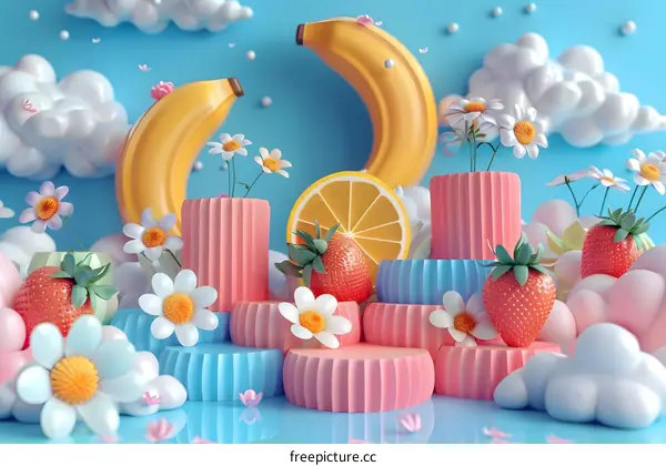 3D rendering of a colorful and whimsical scene with fruits and flowers