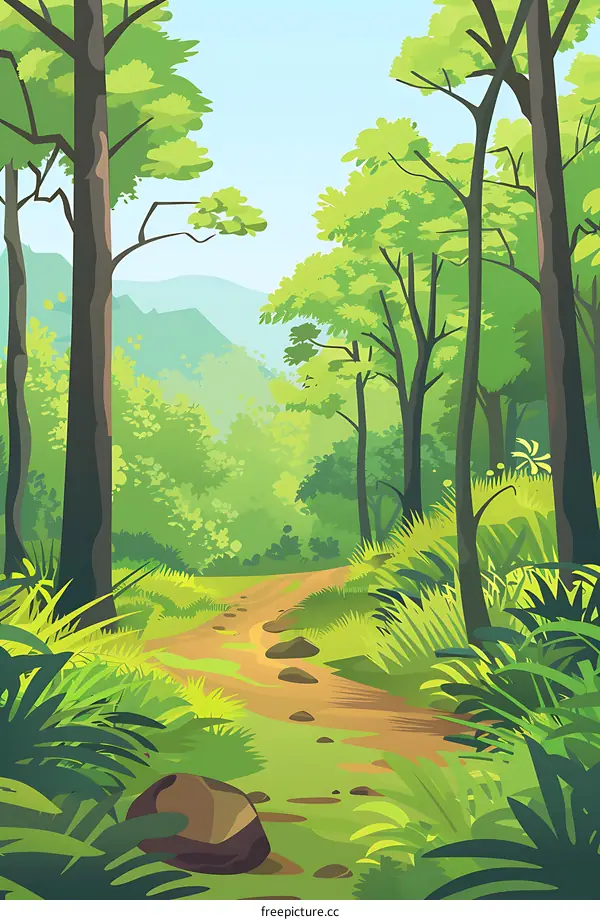 Green Forest Path with Trees and Mountains in Background