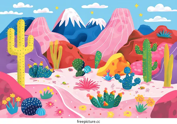 Colorful Desert Landscape with Cacti and Mountains