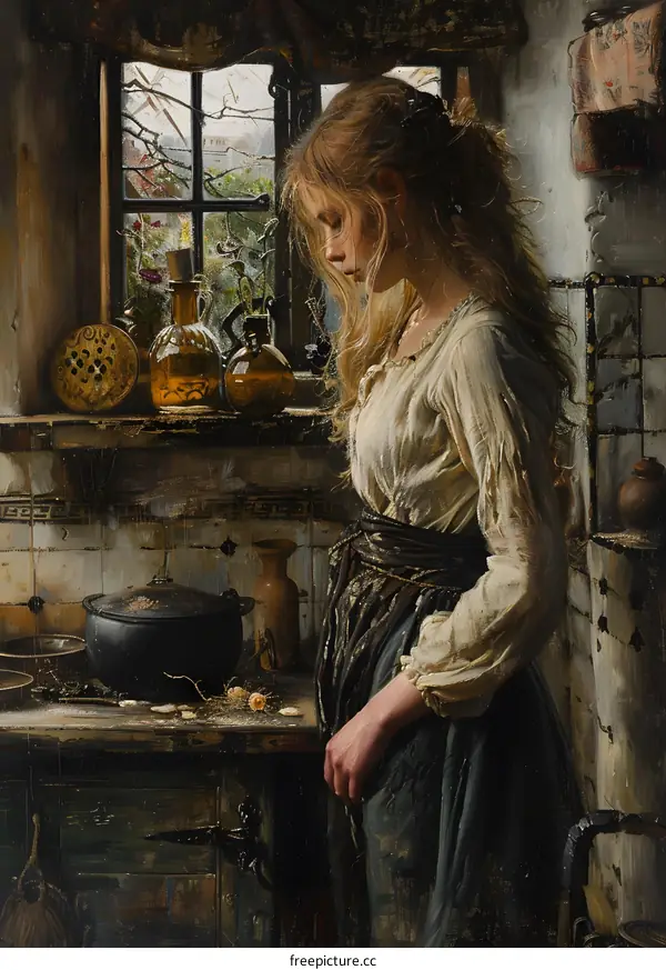 A Woman Standing by a Window in a Kitchen