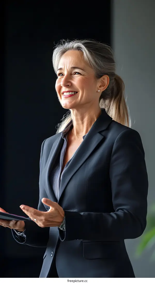 Portrait of a Caucasian Businesswoman in Black Suit Smiling