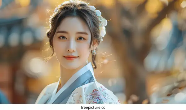 Portrait of a Young Woman in Traditional Korean Hanbok Dress