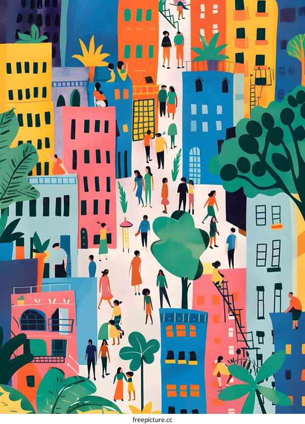 Colorful Cityscape Illustration With People Walking