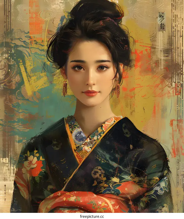 Portrait of a Beautiful Woman in Traditional Japanese Kimono with Floral Pattern