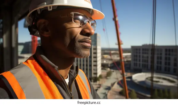 Construction worker wearing hard hat and safety vest looking out at city skyline