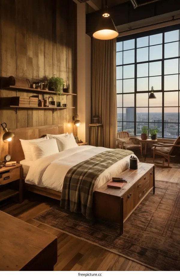 Hotel room with a view of the city