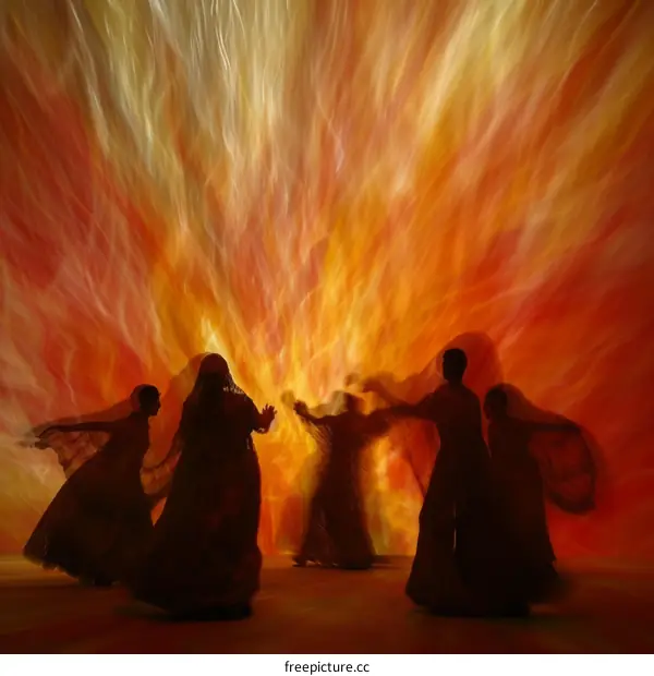 Silhouettes of five whirling dancers in front of a fiery background