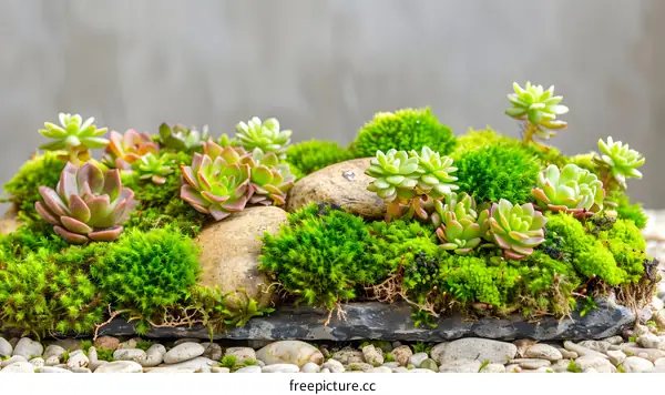 Green Succulents and Moss in a Stone Garden