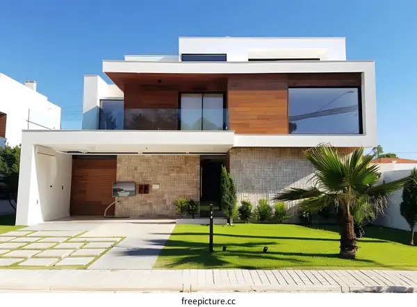 Modern Two Story House with Wooden Accents and Palm Trees