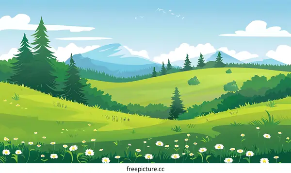 Green Meadow Landscape Illustration With Mountains And Trees
