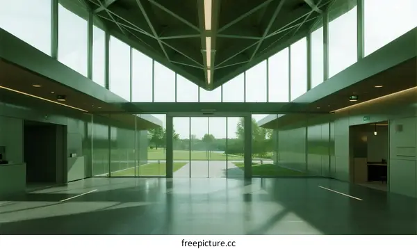 Modern Architecture with Large Glass Windows and Green Interiors