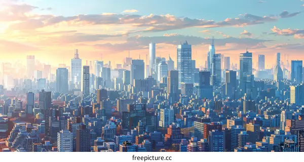 A cityscape of a fictional city with skyscrapers and a beautiful sky