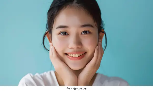 Smiling Asian Woman with Hands on Face Against Blue Background