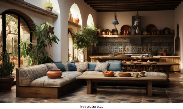 A beautiful living room with a seating area and a kitchen