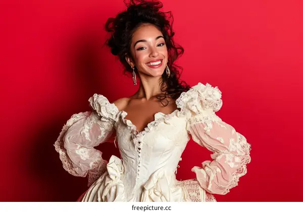 Smiling Woman in Vintage Lace Gown against Red Background