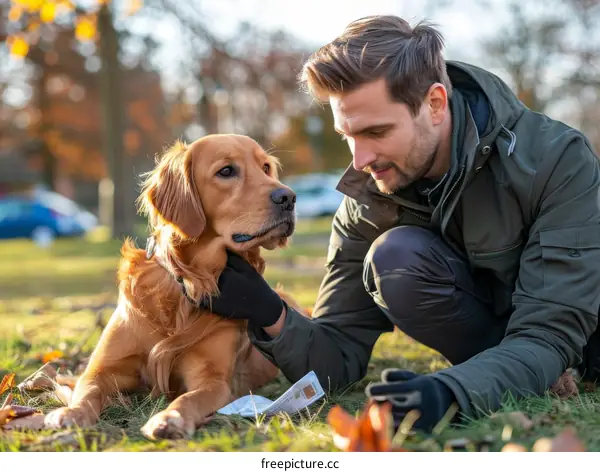 Man with golden retriever in the park