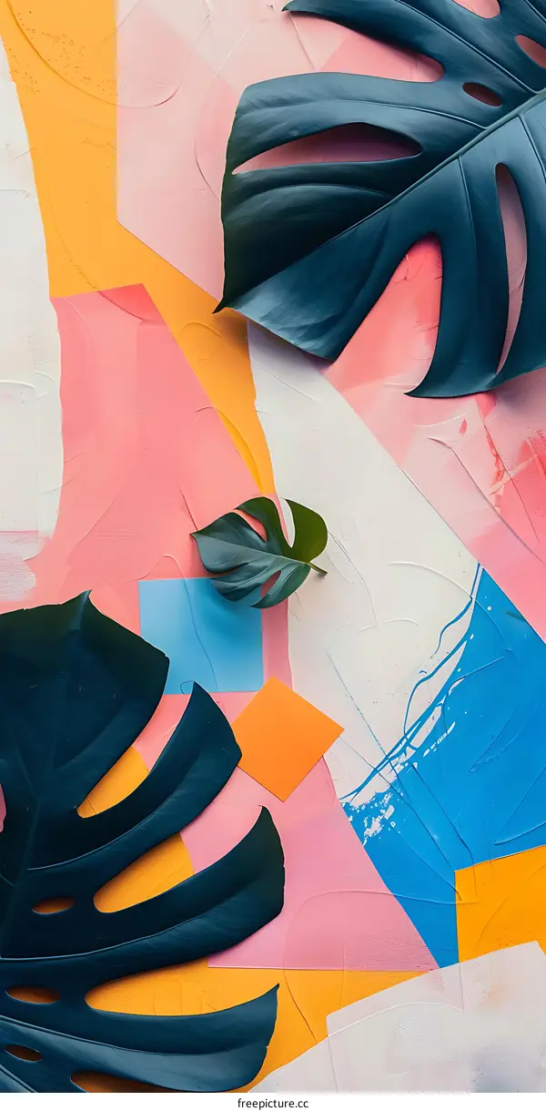 Green Monstera Leaves on Abstract Colorful Background