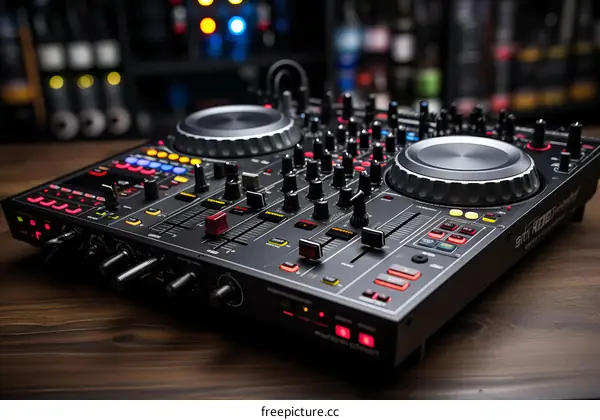 Black and silver DJ controller with a lot of buttons and knobs