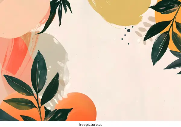 Abstract Watercolor Background With Green Leaves And Orange Circles