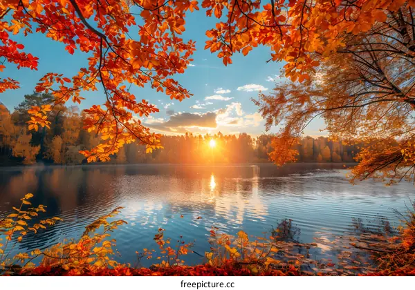 Autumn Sunset Over Lake with Red and Yellow Trees