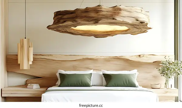 Natural Wooden Pendant Light in Bedroom Interior