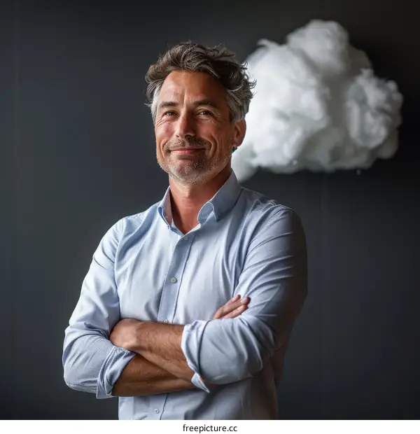 Portrait of a middle-aged man with a cloud behind his head