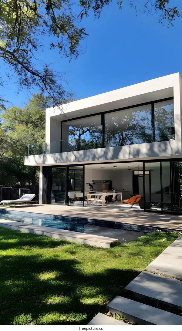 Modern House with Pool and Green Grass Lawn