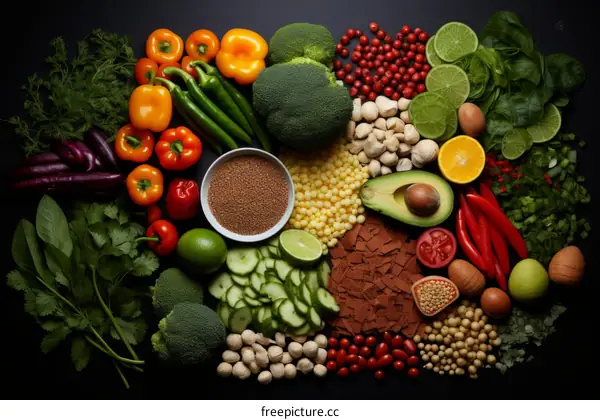 A variety of fresh vegetables and fruits are arranged on a black background. There are many different types of peppers, avocados, oranges, limes, and other vegetables.