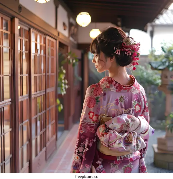 Woman in Kimono Looking Out into Garden