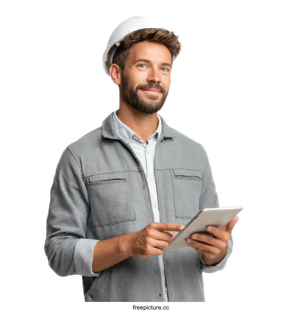 [Transparent Background PNG]Caucasian Man in Construction Uniform with Tablet